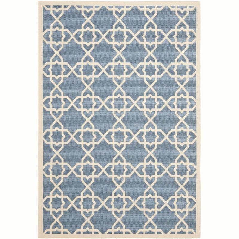 Blue and Beige Geometric Outdoor Area Rug with Trim Embellishment