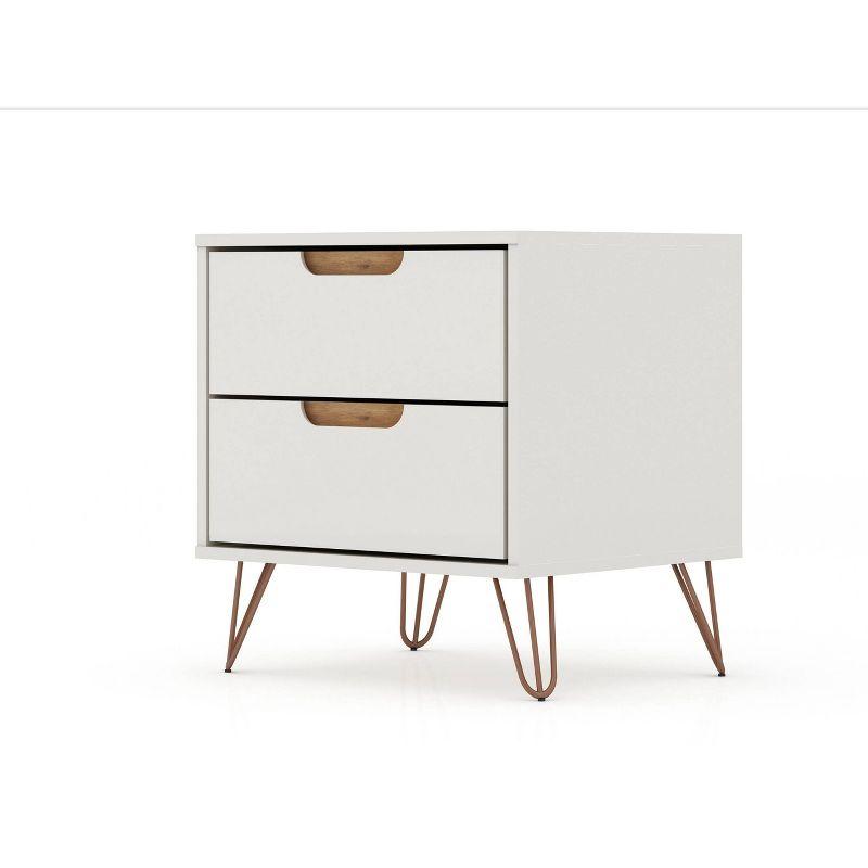 Manhattan Comfort 2.0 Rockefeller Nightstand Off White/Natural: Mid-Century Design, Splayed Metal Legs, Dual Drawers