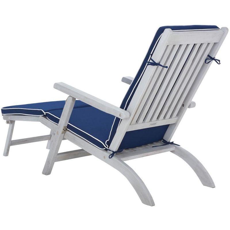 Elegant Oceanliner Inspired Acacia Wood Lounge Chair with Navy Cushion