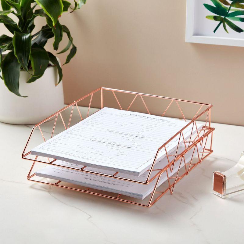 Paper Junkie 2 Pack Metal Rose Gold Desk Organizer, Paper, Letter, File and Document Holder, 10 x 12 In