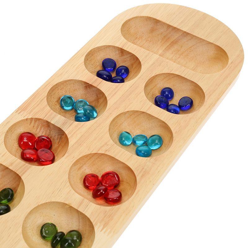 22 Inch Natural Wood Mancala Board Game with Glass Stones