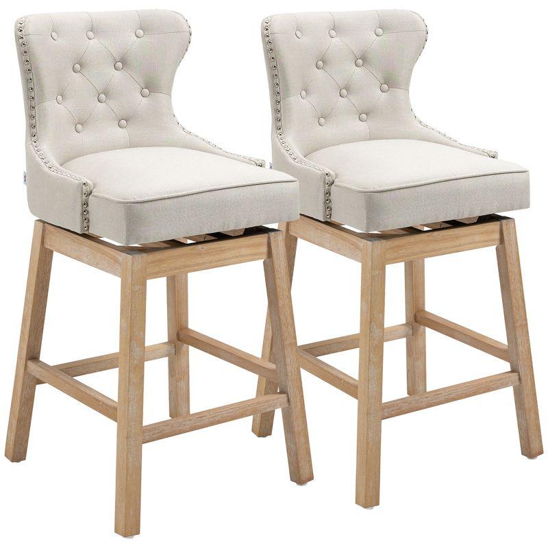 HOMCOM Upholstered Fabric Bar Height Bar Stools Set of 2, 180° Swivel Nailhead-Trim Pub Chairs, 30" Seat Height with Rubber Wood Legs