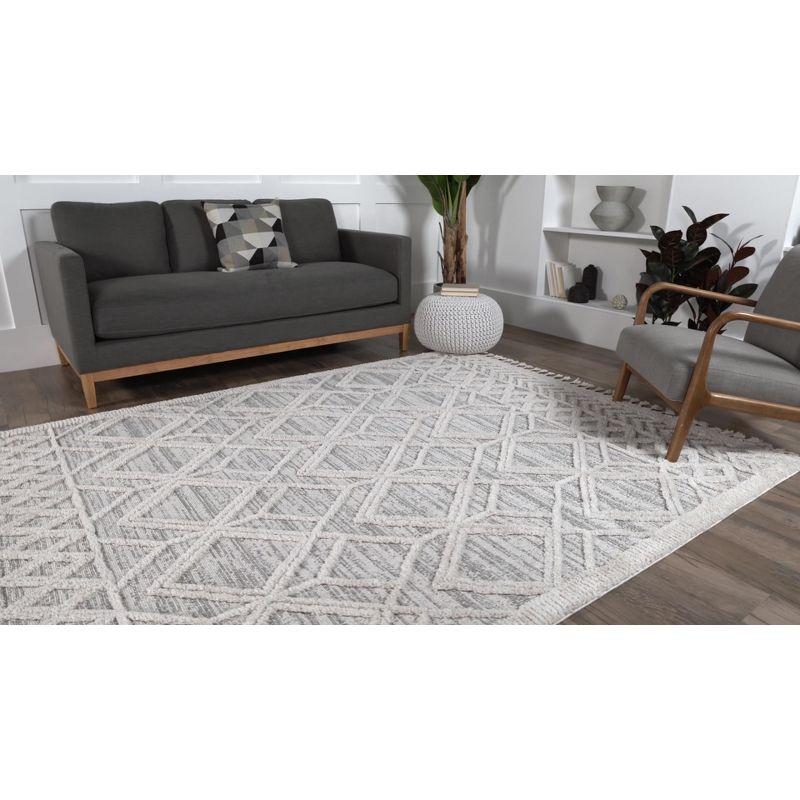 Luxurious Gray Geometric Braided Tassel Shag Rug 3' x 5'