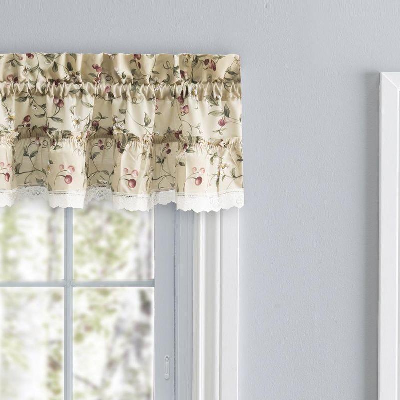 Ellis Curtain Cherries Ruffled 1.5" Rod Pocket Valance for Windows 52" x 12" Natural