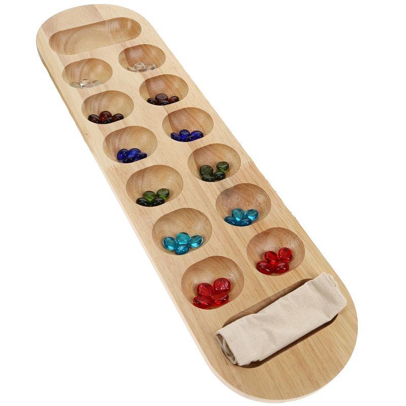 22 Inch Natural Wood Mancala Board Game with Glass Stones