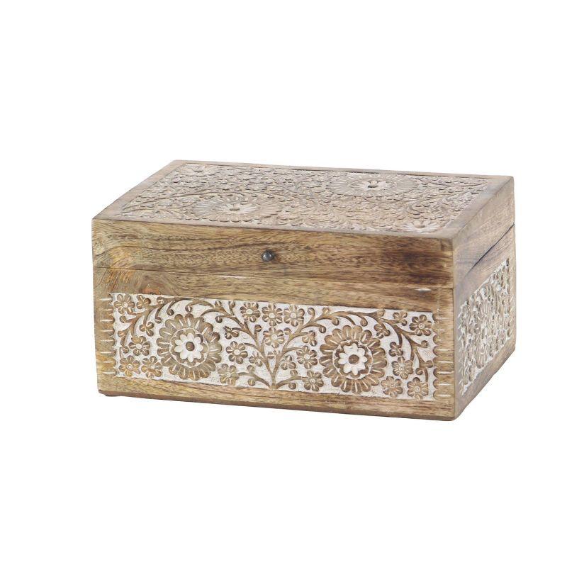 Set of 3 Mango Wood Carved Floral Boxes - Olivia & May: Coastal Style with Lids, Indoor Use, Non-Slip Base