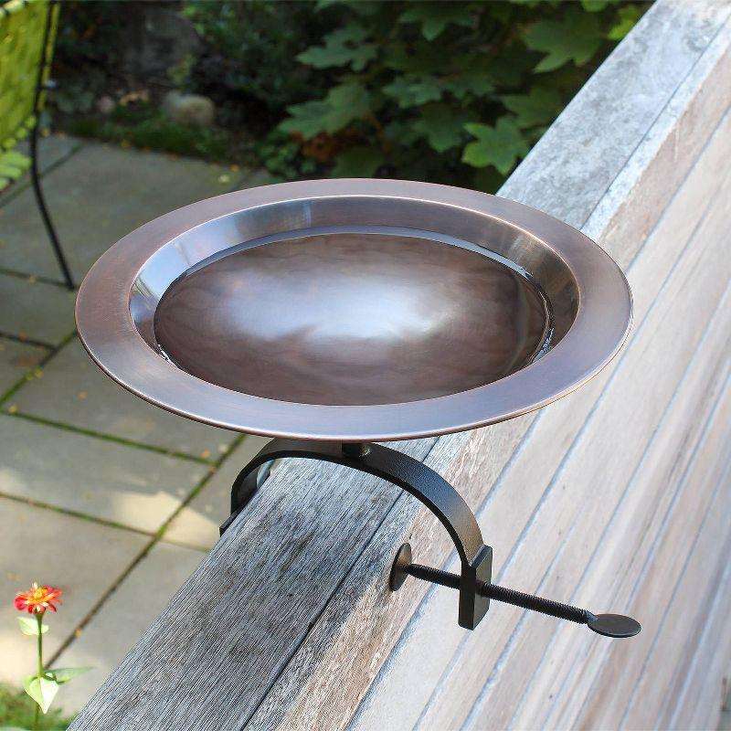 8.5" Classic II Over Rail Birdbath, Antique Copper, Weather-Resistant Wrought Iron Bracket - Achla Designs: No-Drill Clamp, Porch/Balcony Use