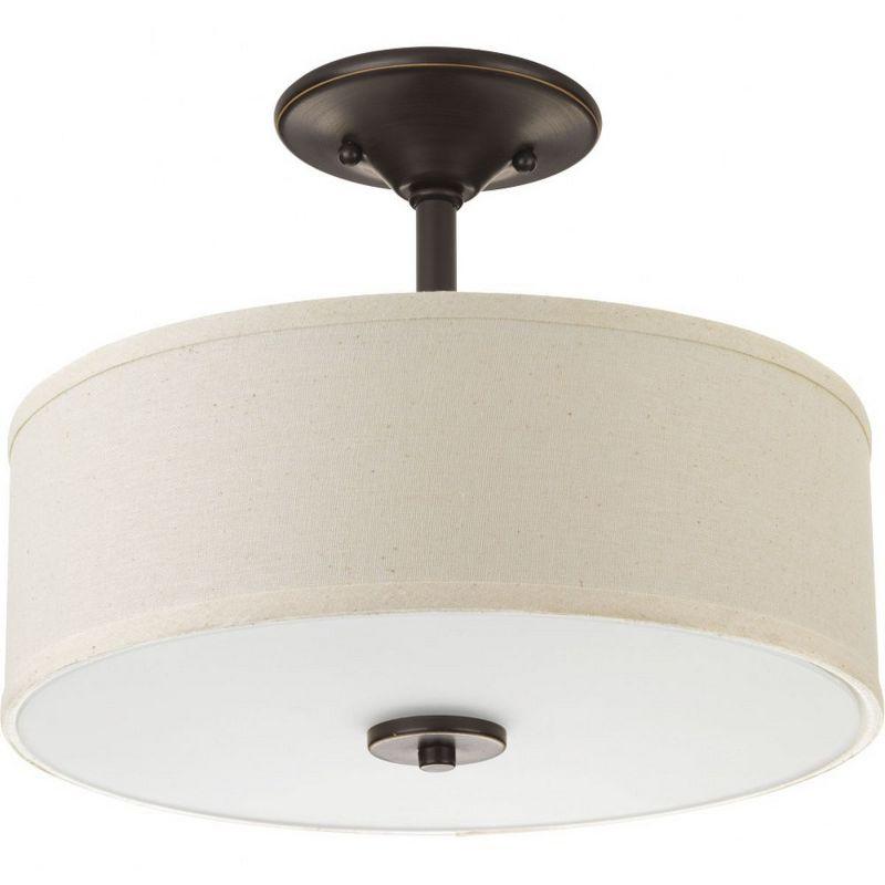 Progress Lighting Inspire 1-Light LED Semi-Flush Mount, Antique Bronze, Etched Glass Diffuser, Off-White Linen Shade