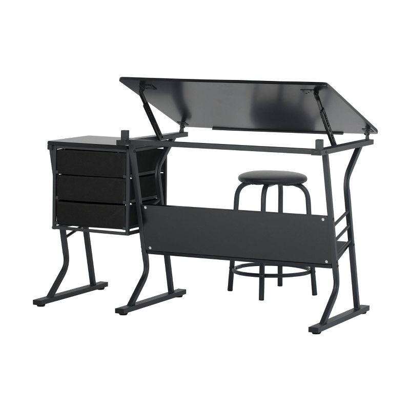 Studio Designs Home 2pc Eclipse Ultra Center/Drawing Table with Angle Adjustable Top, Storage Shelf, and Drawers with Padded Stool Set Black