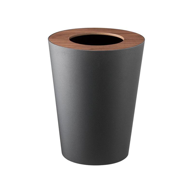 Rin Yamazaki Home Round Trash Can, 1.85 gallon Wastebasket Bathroom Kitchen Office, Steel + Wood