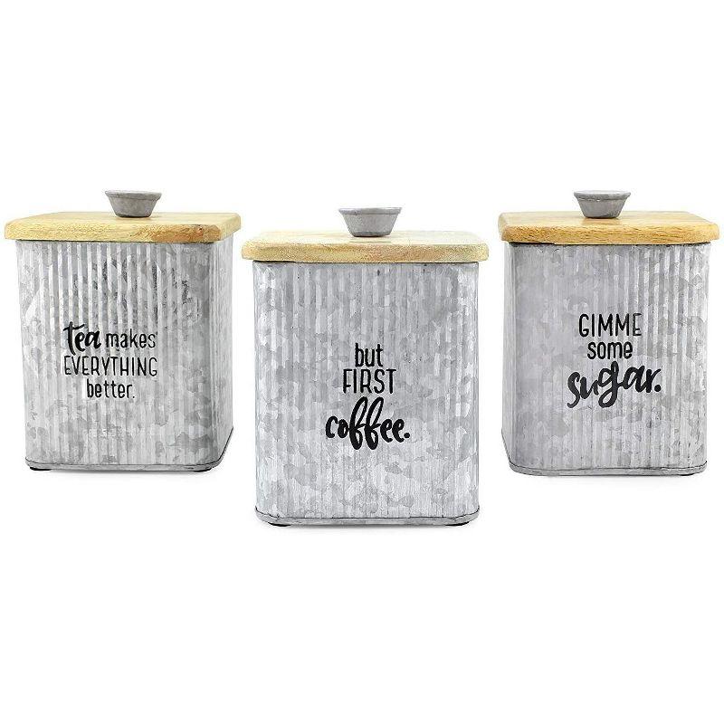 Silver Galvanized and Wood Retro Canister Set, 3-Piece