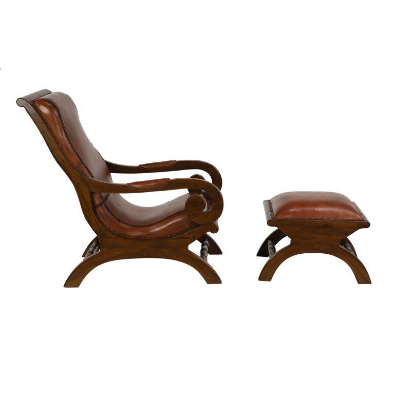 Traditional Teak Wood Accent Chair with Arms and Ottoman Brown - Olivia & May: Leather Upholstered, No Assembly Required