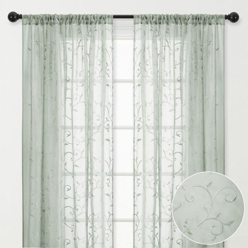 Chanasya 2pk Embroidered Swirl Vine Sheer Window Curtain Panels - Set of 2 - 52 x 96 Inches Long - Sage