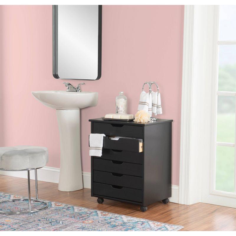 Cary Transitional 6 Drawer Solid Wood Contoured Handle Cut Out Wide Roll Cart Black - Linon: Pine Frame, Farmhouse Style, Portable Storage
