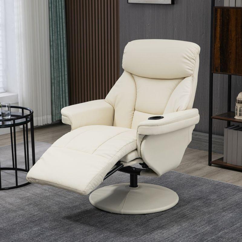 Cream White Faux Leather Swivel Recliner with Cup Holder