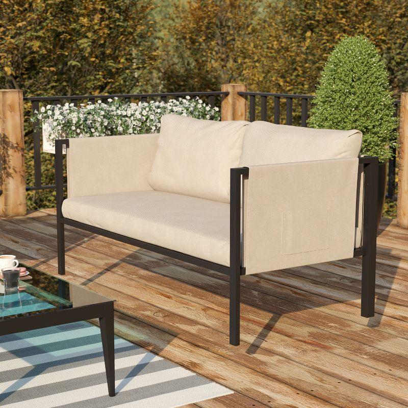 Flash Furniture Lea Indoor/Outdoor Loveseat with Cushions - Modern Steel Framed Chair with Storage Pockets, Black with Beige Cushions