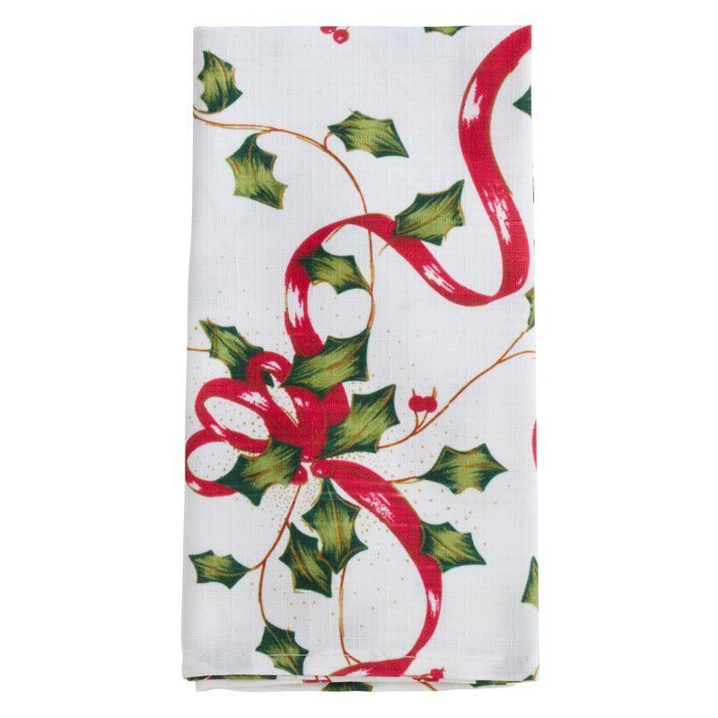 Holly and Ribbon Christmas Table Napkins Set of 12, Multicolor Polyester