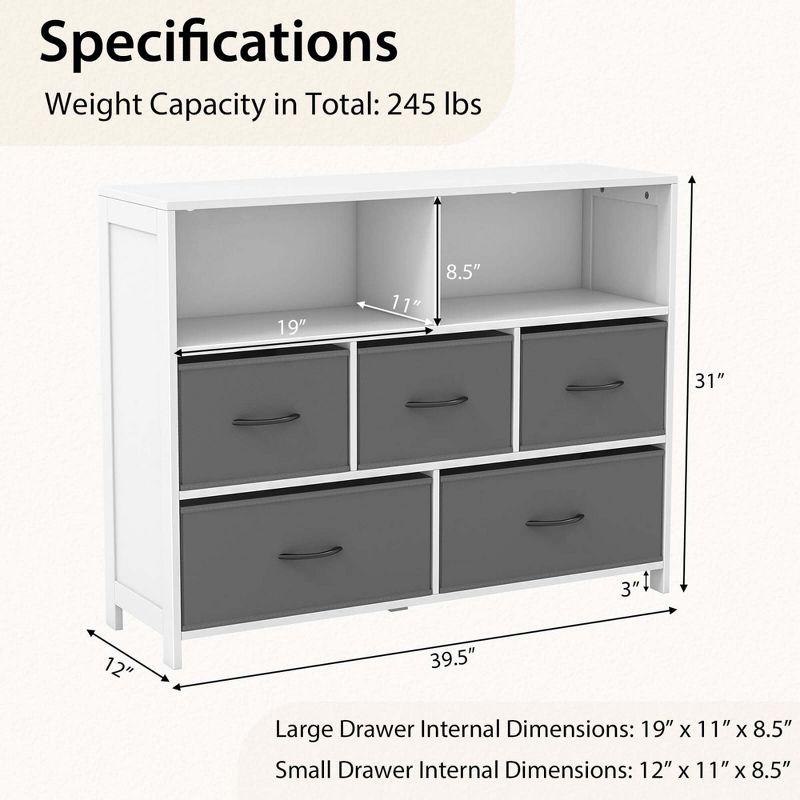 White and Gray 5-Drawer Dresser with Fabric Bins