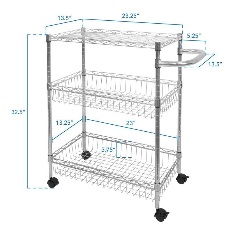 Mount-It! Mesh Wire Rolling Cart | 3-Tier Multi-Function Metal Trolley for Kitchen Storage and Organization with Lockable Wheels and Handle | Silver