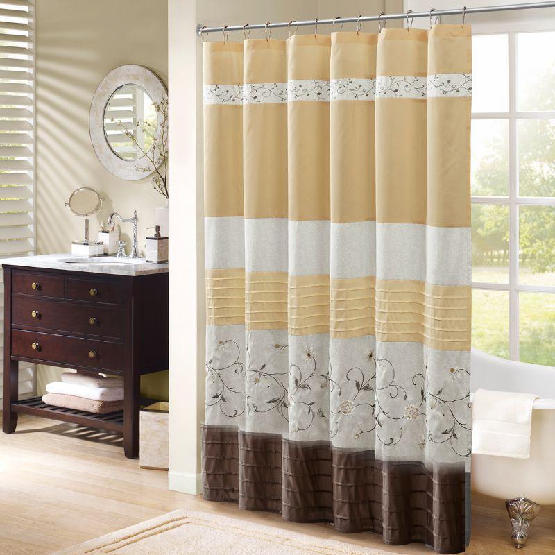 Embroidered Floral Faux Silk Shower Curtain in Yellow and Gray