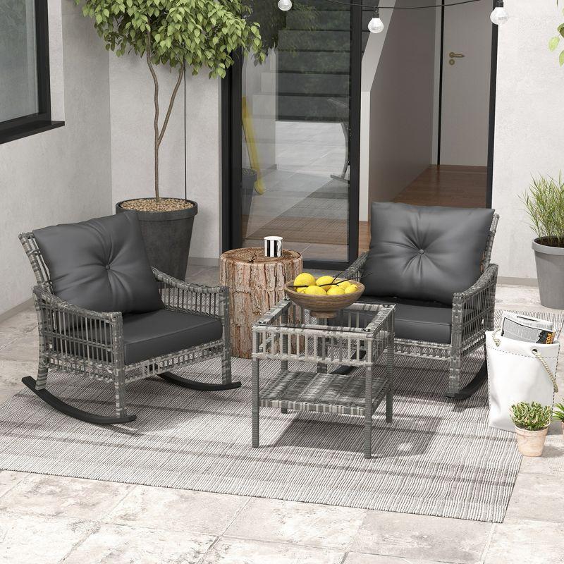 Outsunny Wicker Outdoor Rocking Chair Set, 3 Piece Patio Furniture Set with Padded Cushions and Storage Table, 2-Seater Rattan Bistro Set, Gray