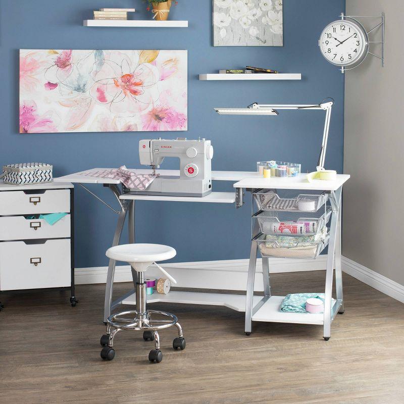 Silver and White Foldable Sewing Table with Mesh Drawers