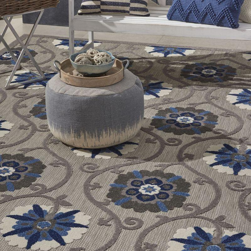 Nourison Aloha Contemporary Floral Flatweave High-Low Indoor Outdoor Area Rug Grey/Blue 7'10" x 10'6"