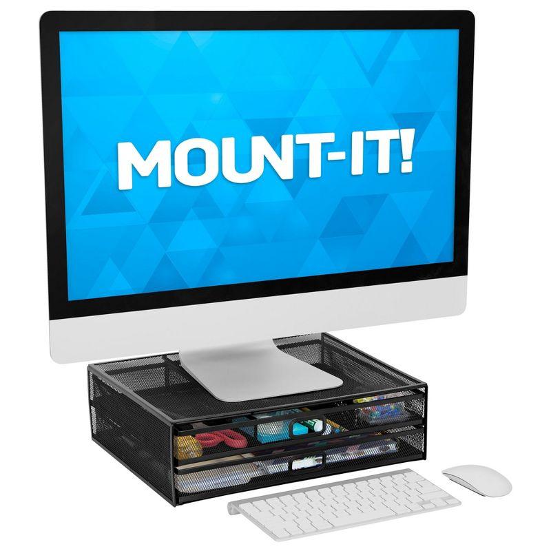 Mount-It! Computer Monitor Stand With Drawers, Metal Mesh Riser & Organizer For Laptops and Computers, Desk Organizer with Two Pullout Storage Drawers