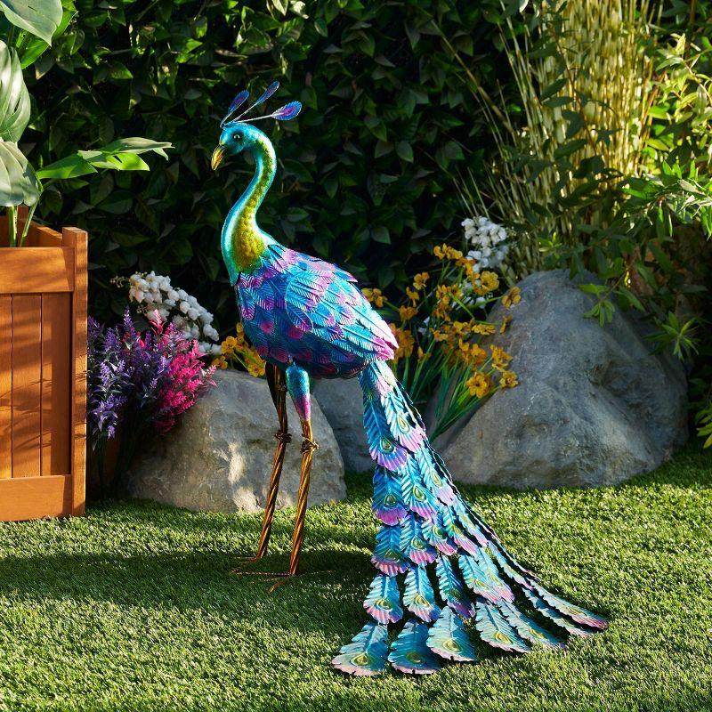 28" Metal Peacock Outdoor Decor With Glossy Finish Statue - Alpine Corporation: Garden Art, No Battery Required