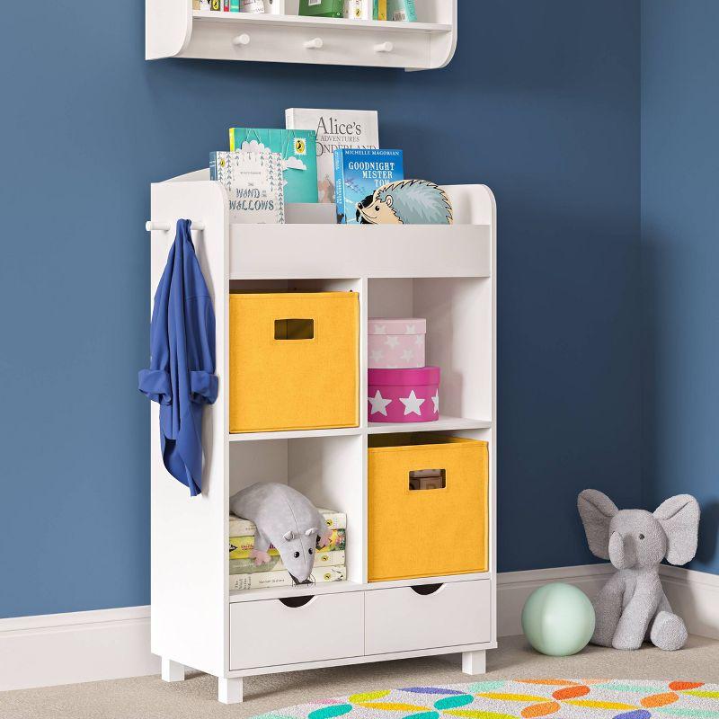 White Kids Bookshelf with Golden Yellow Storage Bins