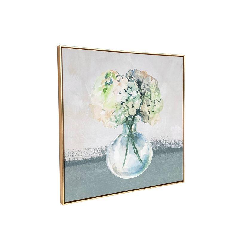 Hydrangea in Vase Watercolor Print on Gold Floating Canvas Framed Wall Art