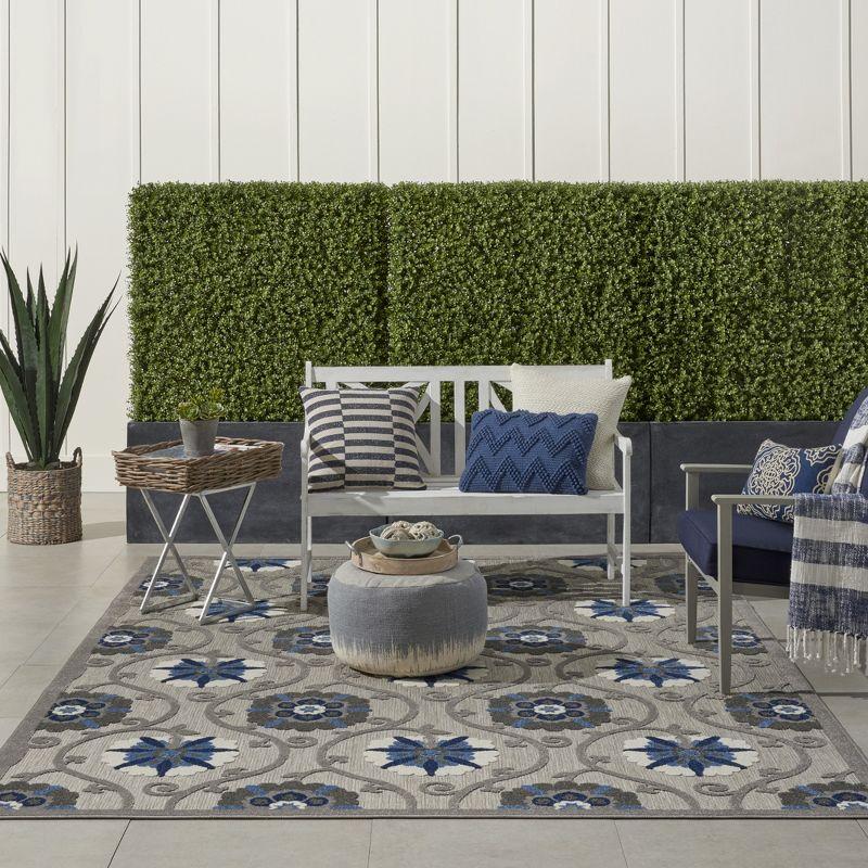 Nourison Aloha Contemporary Floral Flatweave High-Low Indoor Outdoor Area Rug Grey/Blue 9'6" x 13'