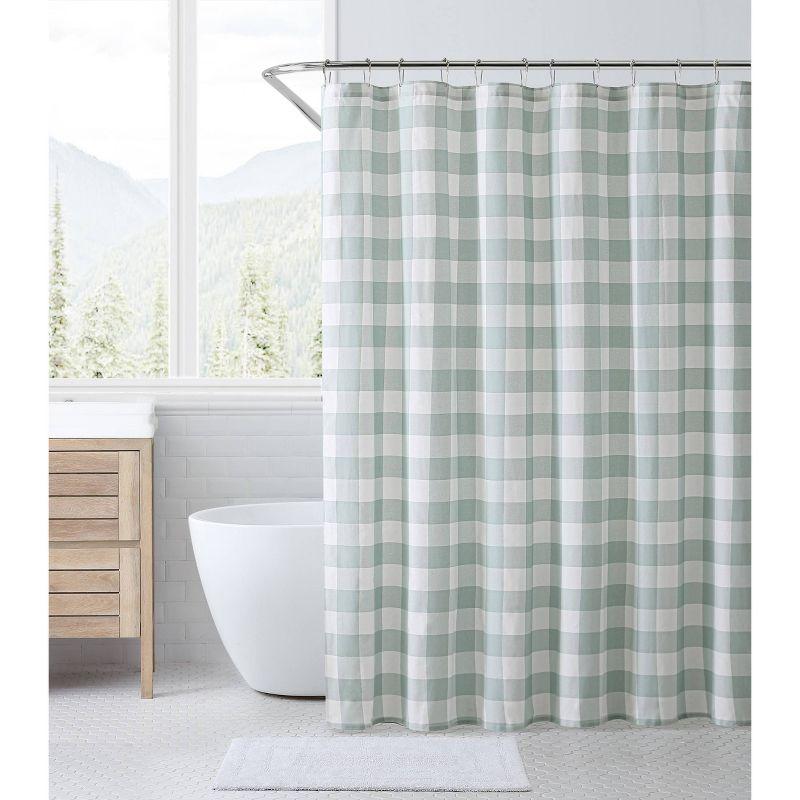 Green Plaid Cotton Shower Curtain with Buttonhole Top