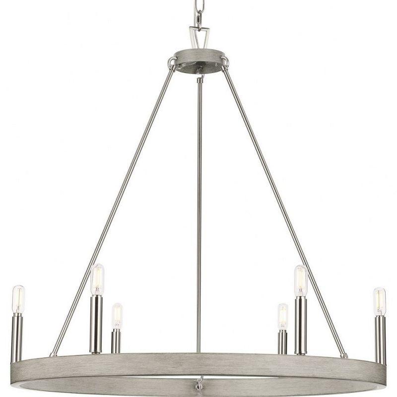 Progress Lighting Galloway 6-Light Chandelier, Brushed Nickel, Steel, Grey Washed Oak, No Shade