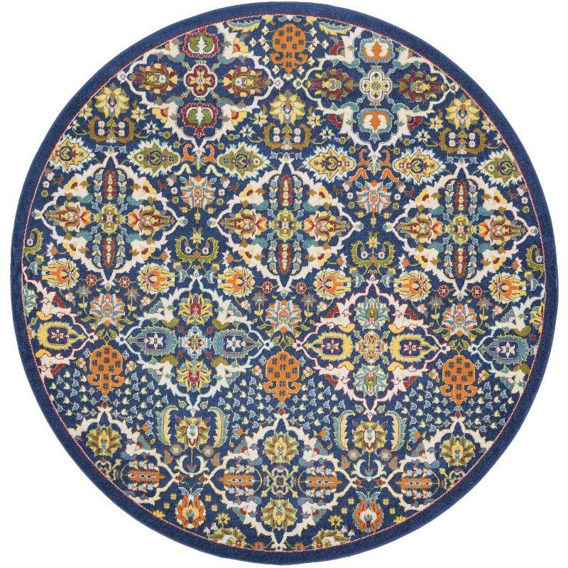 Navy Multicolor Round Floral Synthetic Area Rug, 7'10"