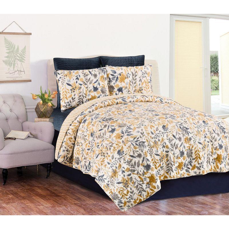 Reversible Blue and Yellow Floral Medallion Cotton Quilt Set, Full/Queen