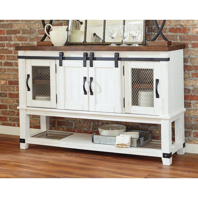 Signature Design by Ashley Valebeck Dining Server White/Brown/Beige: Rustic Farmhouse Sideboard with Adjustable Shelves