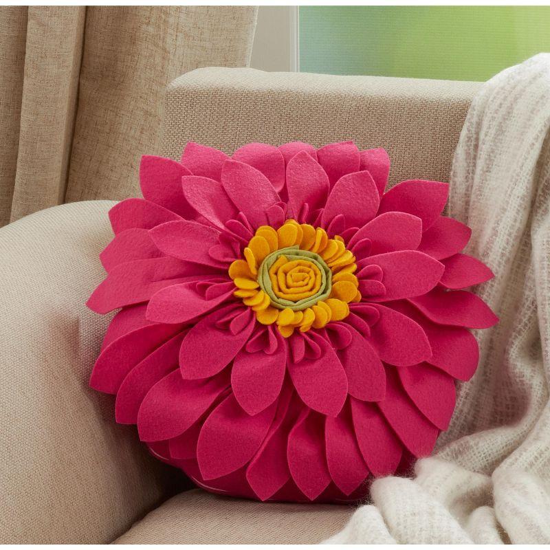 Fuchsia Felt Flower Appliqued Round Throw Pillow, 19.5"