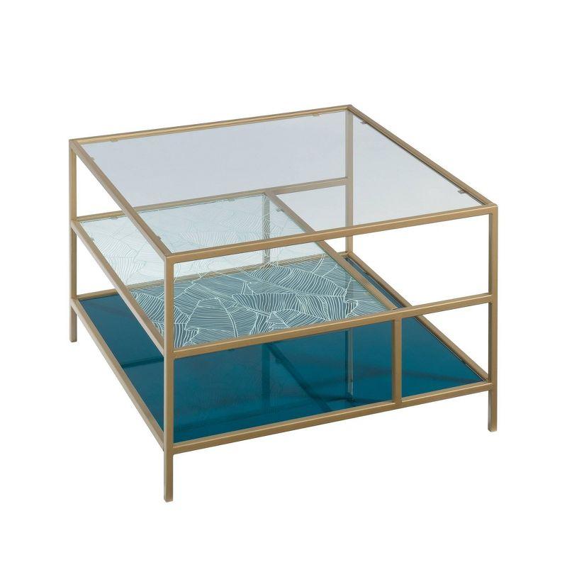Satin Gold Square Coastal Glass Coffee Table with Abstract Shelves