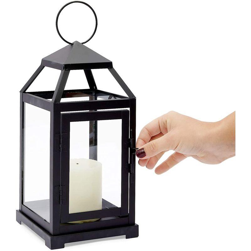 Juvale Black Decorative Candle Lantern, Decorative Metal Candle Holder with Tempered Glass, 5.3 x 11 in