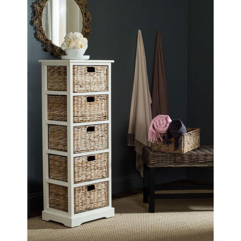 Coastal Breeze White Pine 5-Drawer Wicker Basket Storage Tower