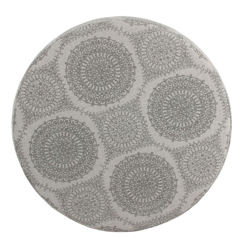 Gray Round Medallion Storage Ottoman with Wood Legs