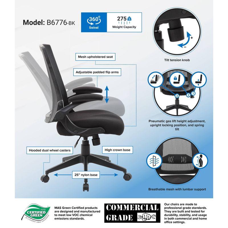 Boss Mesh Back Flip Arm Task Chair Black: Ergonomic Design, Nylon Base, Foam Padding, 275lb Capacity