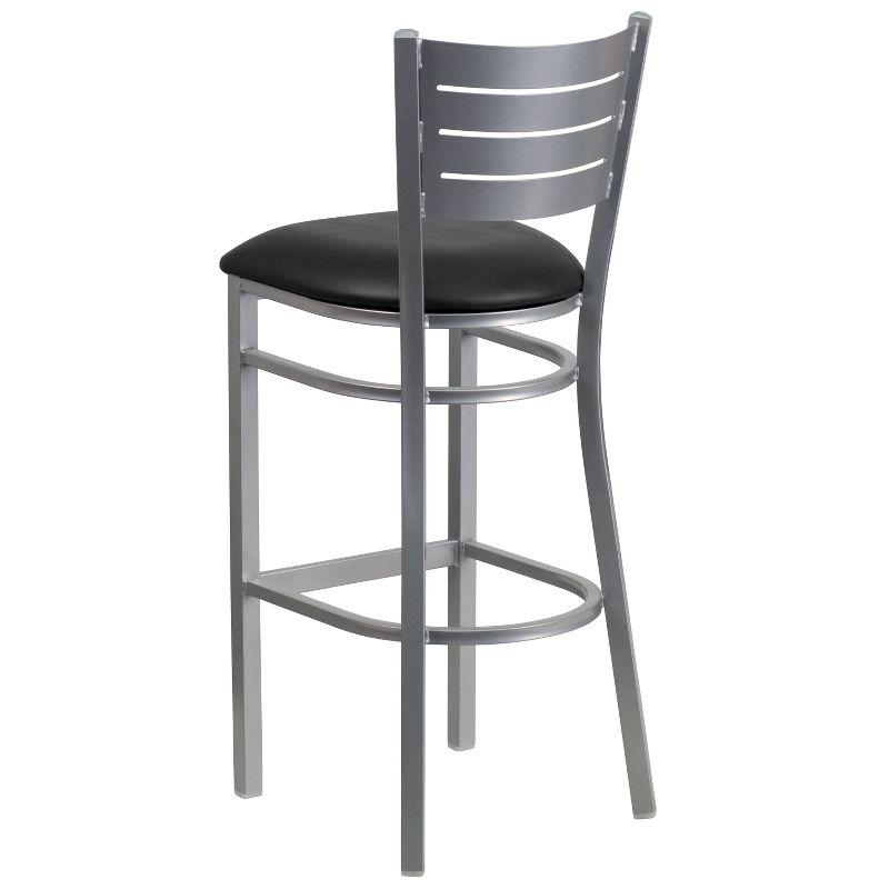 Sleek Silver Slat-Back Barstool with Black Vinyl Seat