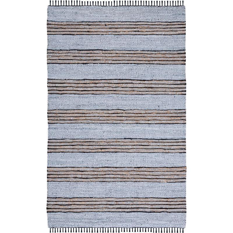 Vintage Leather Hand Woven 70% Leather, 25% Jute, And 10% Cotton Striped Rug