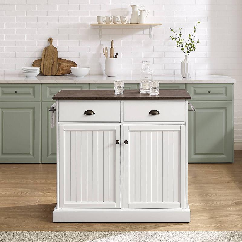 Crosley Shoreline Kitchen Island White/Dark Brown: Adjustable Shelves, Towel Bar, MDF & Veneer Storage Cart