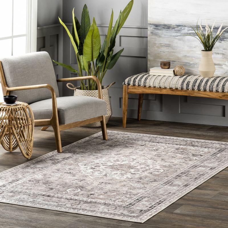 Nuloom Davi Medallion 5x8 Spill Proof Machine Washable Indoor Area Rug for Living Room Bedroom Dining Room Kitchen, Stone/Ivory