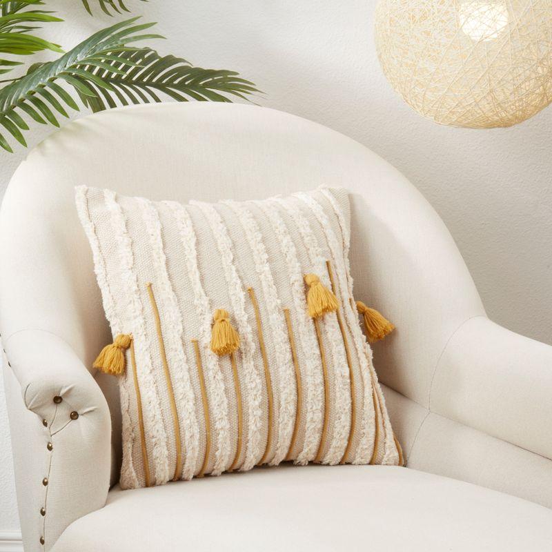 Beige Cotton Tassel and Tufted 20" Square Throw Pillow