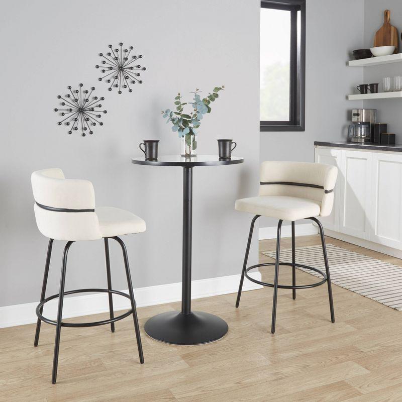 LumiSource Set of 2 Cinch-Claire Counter Height Barstools Black/Cream: Upholstered Swivel Seats, Metal Frame