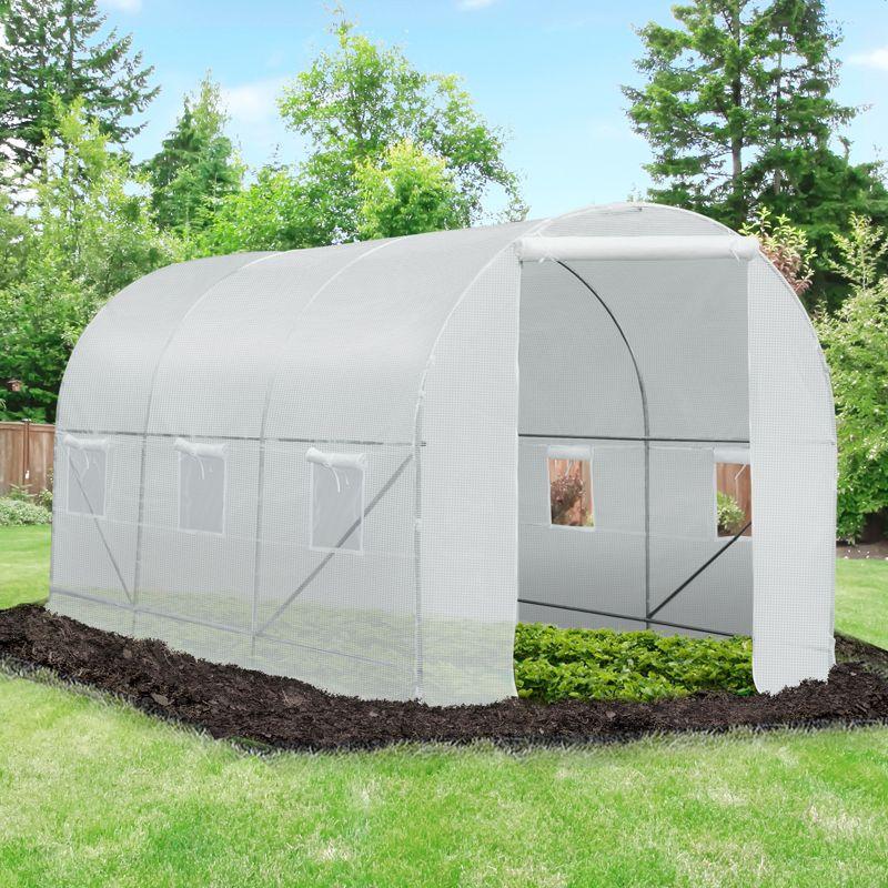 Outsunny Walk-In Tunnel Greenhouse, Large Garden Hot House Kit with 6 Roll-up Windows & Roll Up Door, Steel Frame